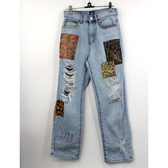 BDG Jeans Womens Blue Distressed Patch‎ Work High Rise Cowboy Denim Stitching 26 - Picture 1 of 7